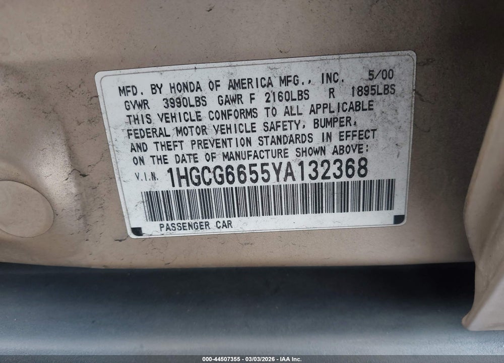 2000 HONDA ACCORD 2.3 LX VIN: 1HGCG6655YA132368