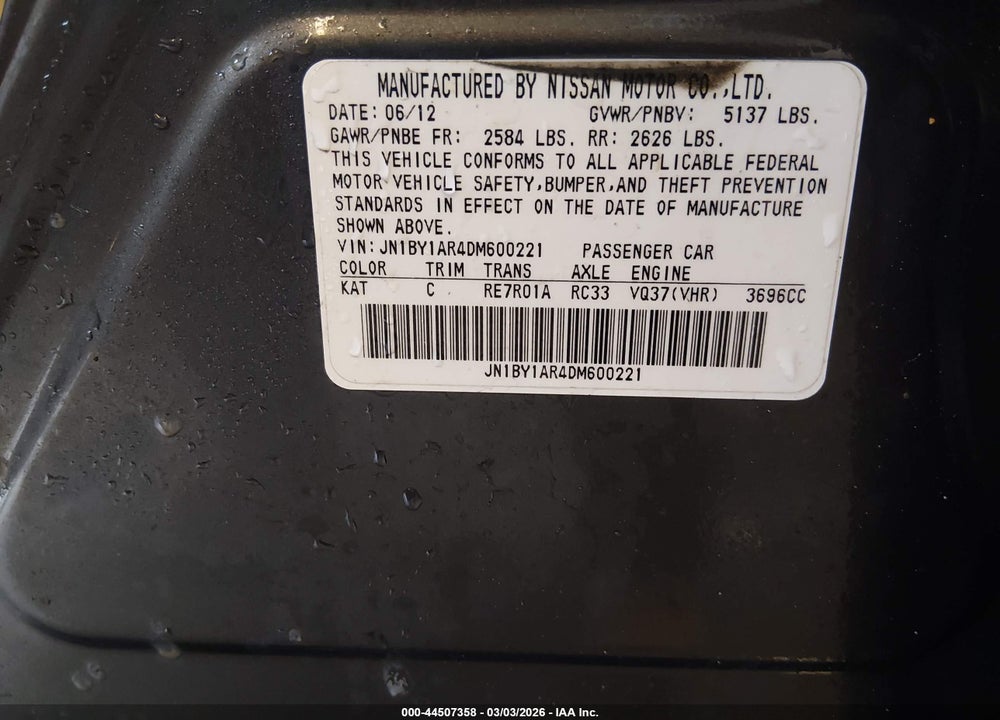 2013 INFINITI M37X VIN: JN1BY1AR4DM600221