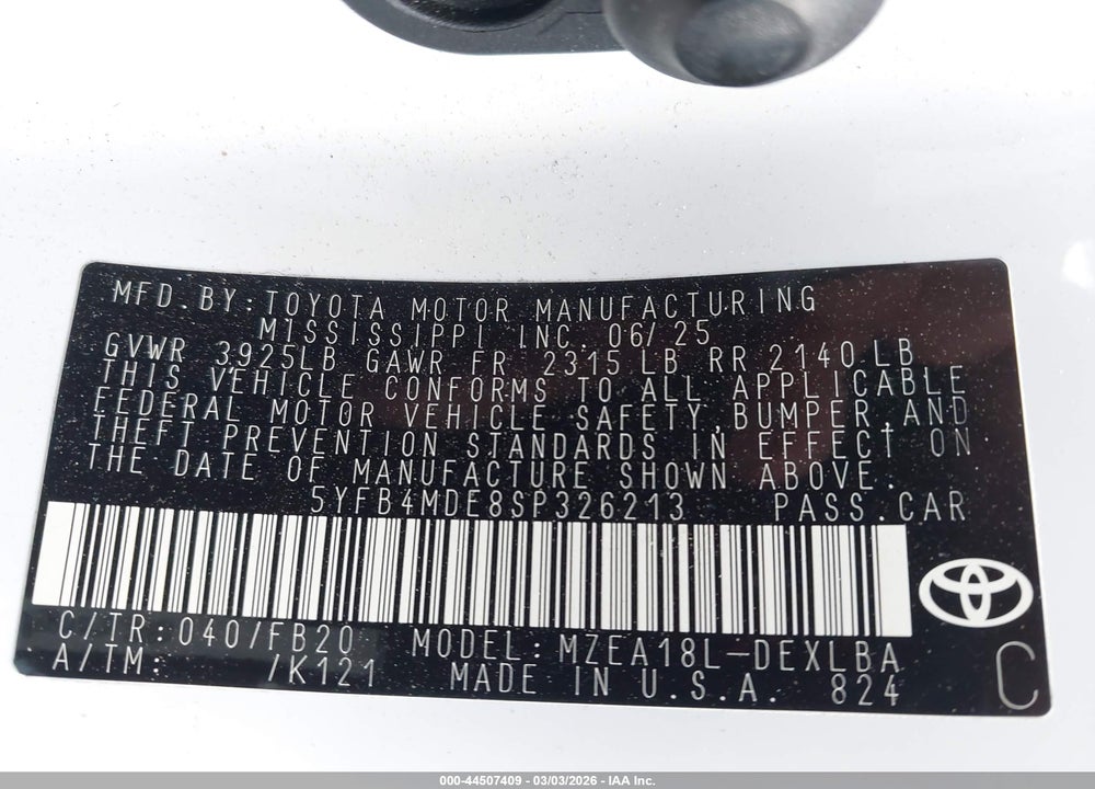 2025 TOYOTA COROLLA LE VIN: 5YFB4MDE8SP326213