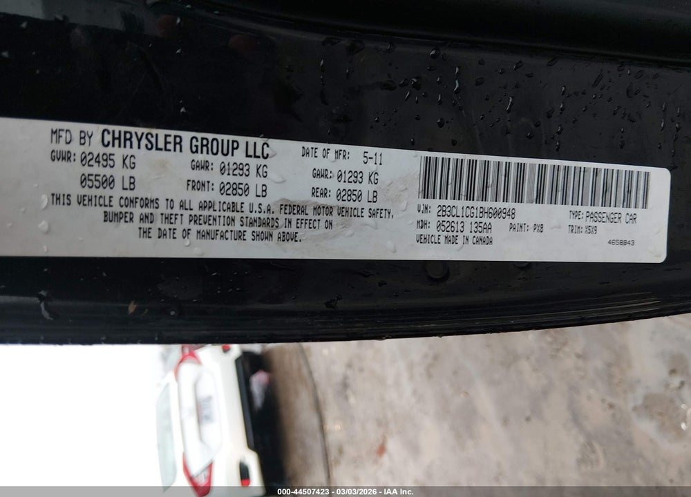 2011 DODGE CHARGER POLICE VIN: 2B3CL1CG1BH600948