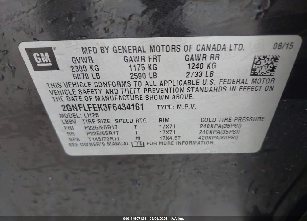 2015 CHEVROLET EQUINOX 1LT VIN: 2GNFLFEK3F6434161