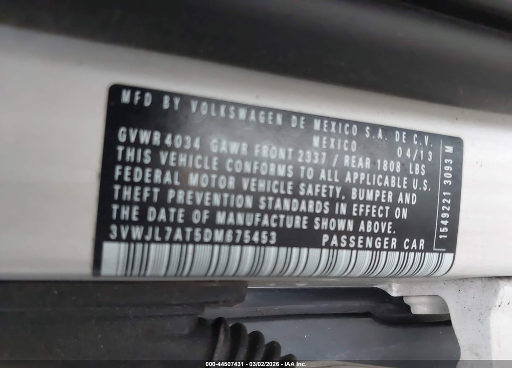 2013 VOLKSWAGEN BEETLE 2.0L TDI VIN: 3VWJL7AT5DM675453