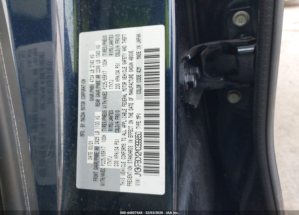 2021 MAZDA CX-5 TOURING VIN: JM3KFBCM2M0399850