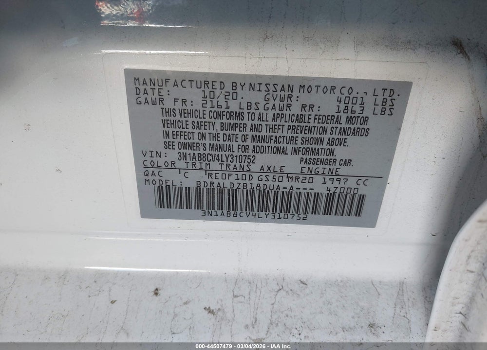 2020 NISSAN SENTRA SV XTRONIC CVT VIN: 3N1AB8CV4LY310752