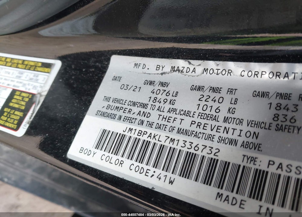 2021 MAZDA 3 SELECT VIN: JM1BPAKL7M1336732
