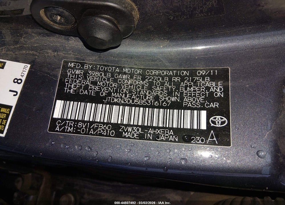 2011 TOYOTA PRIUS THREE VIN: JTDKN3DU5B5316167