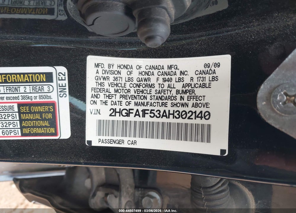 2010 HONDA CIVIC LX VIN: 2HGFA1F53AH302140