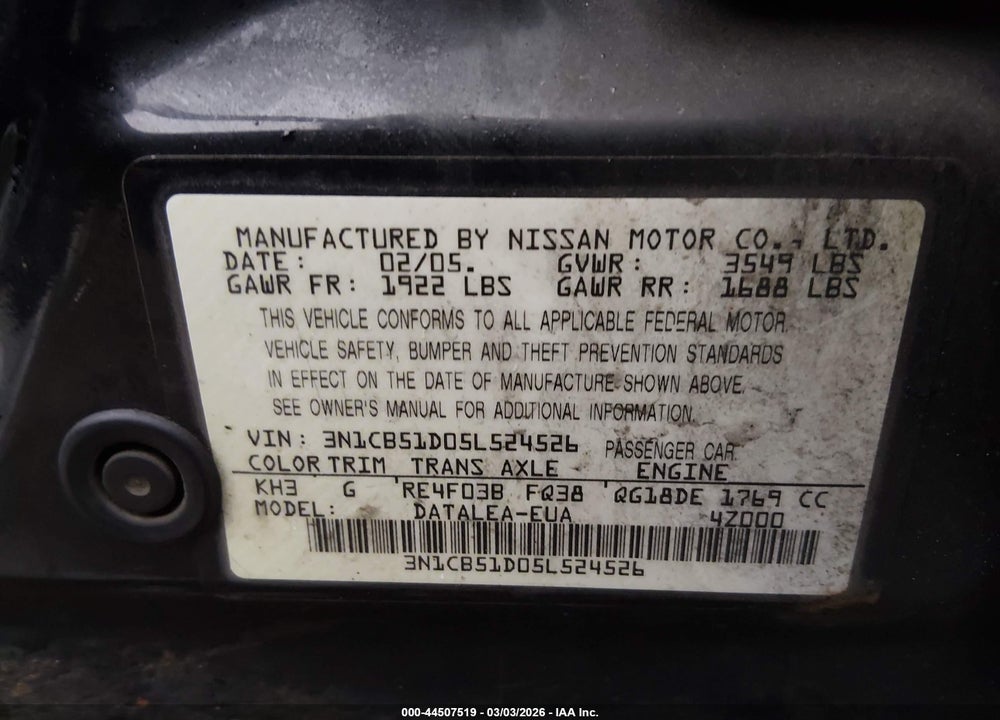 2005 NISSAN SENTRA 1.8S VIN: 3N1CB51D05L524526