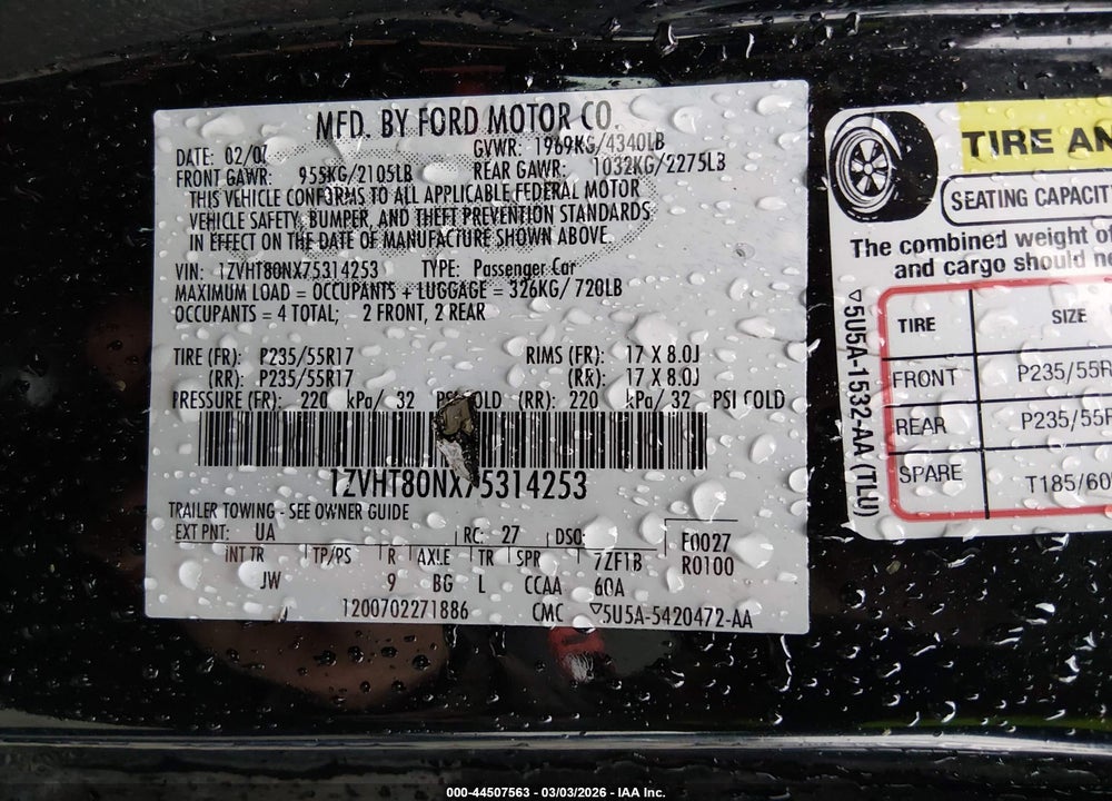 2007 FORD MUSTANG V6 DELUXE/V6 PREMIUM VIN: 1ZVHT80NX75314253