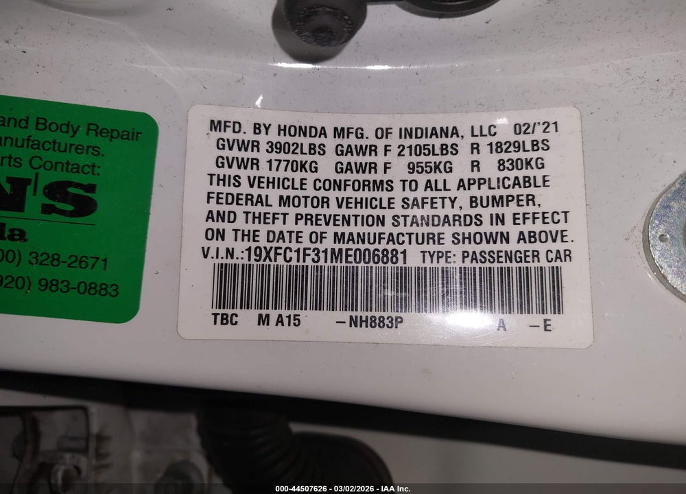 2021 HONDA CIVIC EX VIN: 19XFC1F31ME006881
