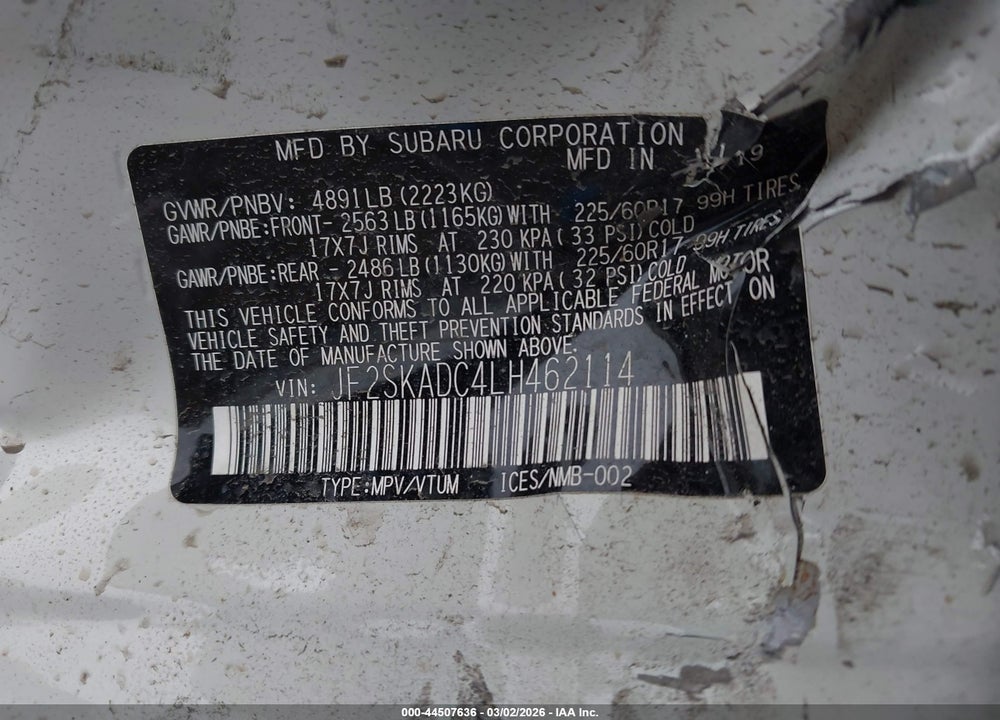 2020 SUBARU FORESTER VIN: JF2SKADC4LH462114