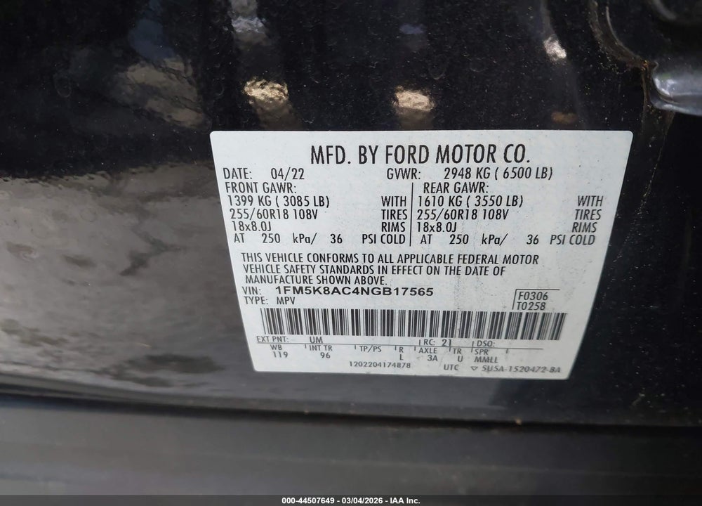 2022 FORD POLICE INTERCEPTOR UTILITY VIN: 1FM5K8AC4NGB17565