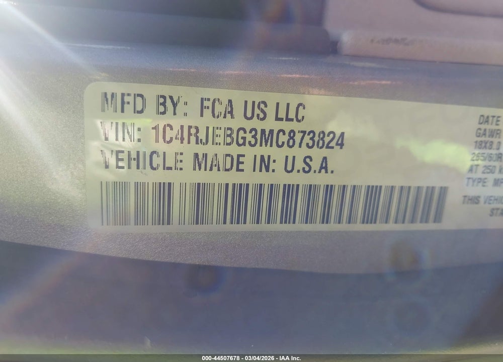 2021 JEEP GRAND CHEROKEE LIMITED 4X2 VIN: 1C4RJEBG3MC873824