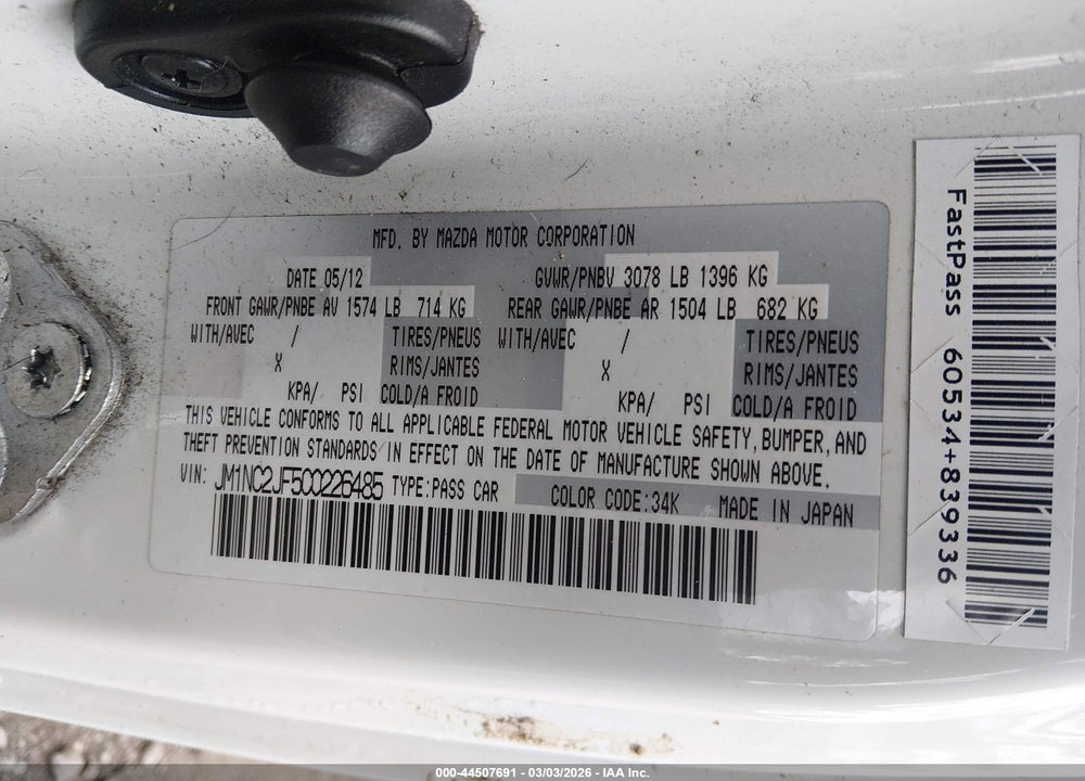 2012 MAZDA MX-5 MIATA SPORT VIN: JM1NC2JF5C0226485