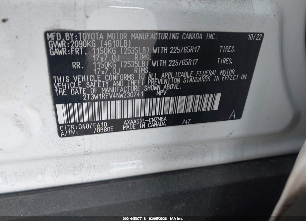 2022 TOYOTA RAV4 XLE VIN: 2T3W1RFV4NW230741