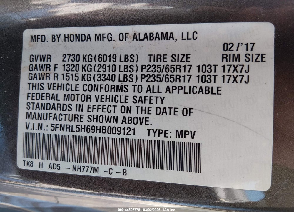 2017 HONDA ODYSSEY EX-L VIN: 5FNRL5H69HB009121