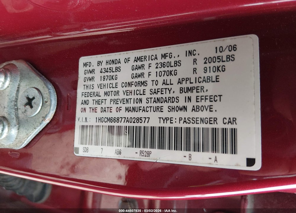 2007 HONDA ACCORD 3.0 EX VIN: 1HGCM66877A028577