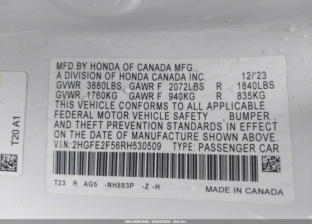 2024 HONDA CIVIC SPORT VIN: 2HGFE2F56RH530509
