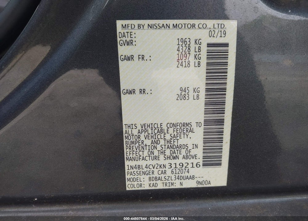 2019 NISSAN ALTIMA 2.5 SR VIN: 1N4BL4CV2KN319216