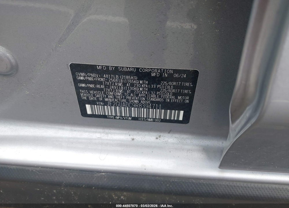 2024 SUBARU CROSSTREK PREMIUM VIN: JF2GUADC9R8394711