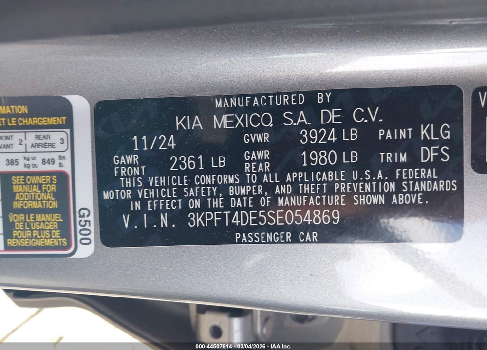 2025 KIA K4 LXS VIN: 3KPFT4DE5SE054869