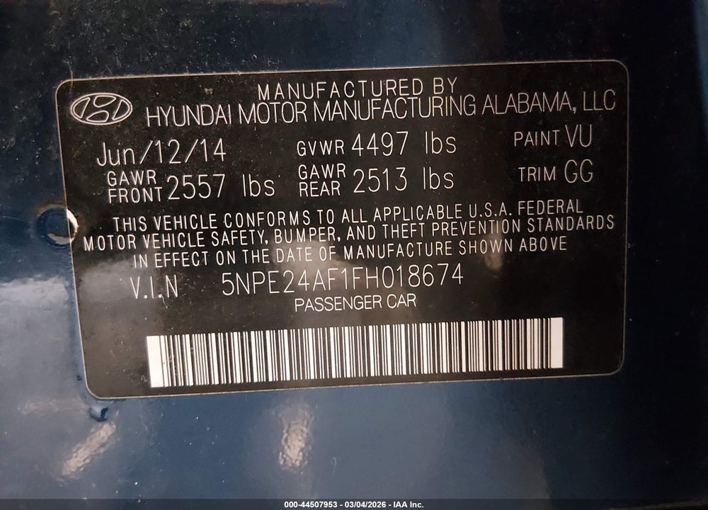 2015 HYUNDAI SONATA SE VIN: 5NPE24AF1FH018674