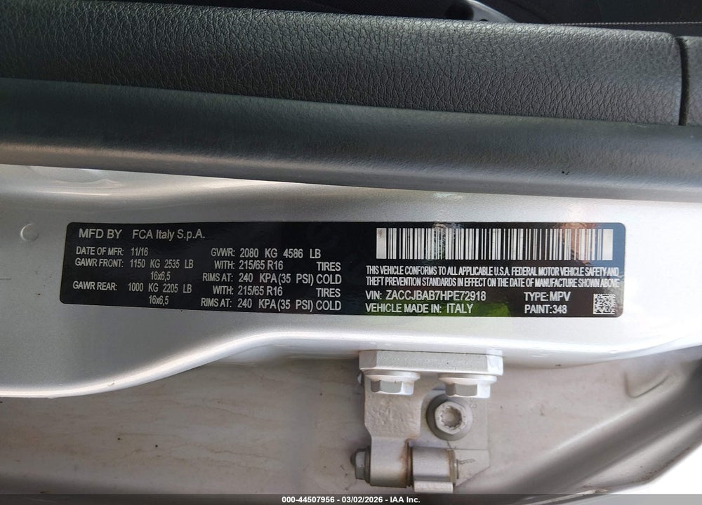 2017 JEEP RENEGADE SPORT 4X4 VIN: ZACCJBAB7HPE72918