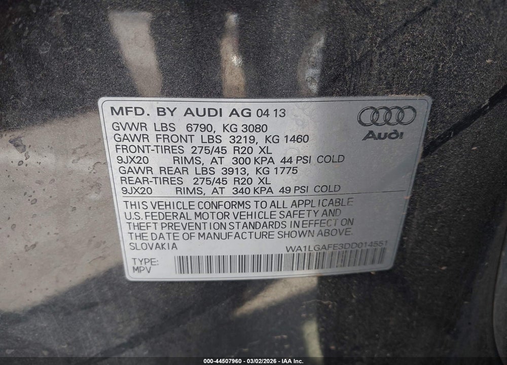 2013 AUDI Q7 3.0T PREMIUM VIN: WA1LGAFE3DD014551