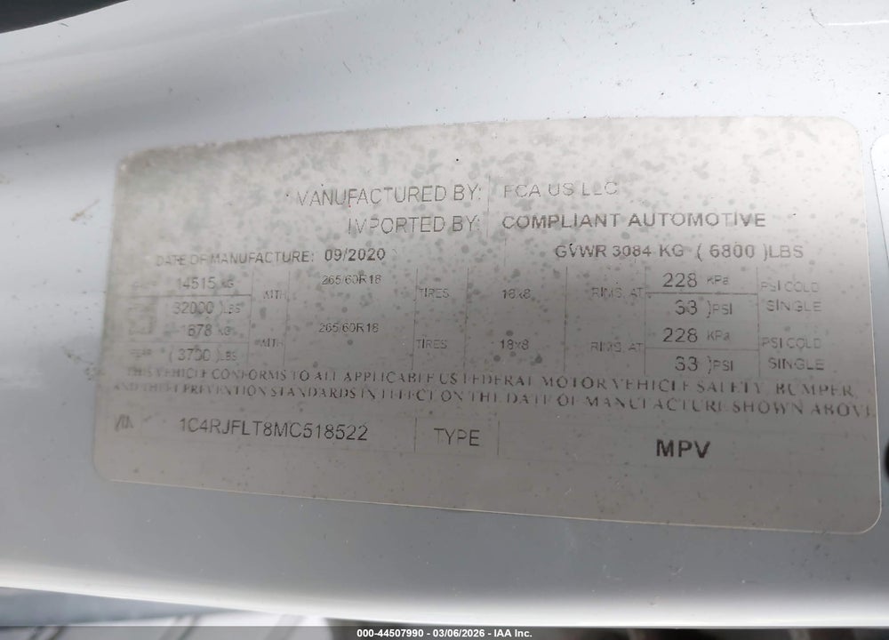 2021 JEEP GRAND CHEROKEE TRAILHAWK VIN: 1C4RJFLT8MC518522