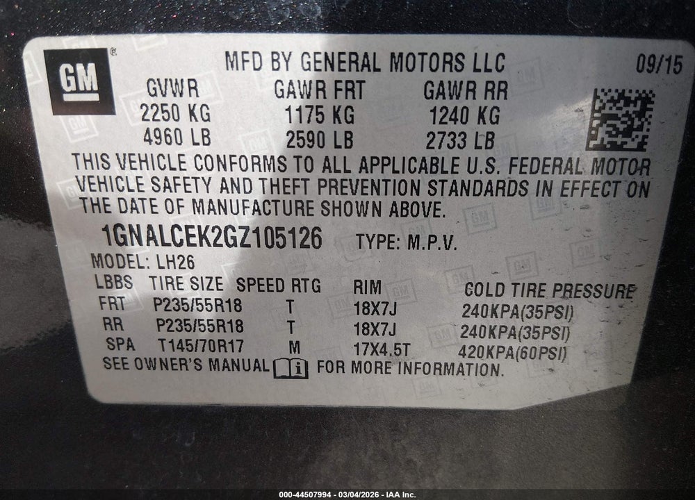 2016 CHEVROLET EQUINOX LT VIN: 1GNALCEK2GZ105126