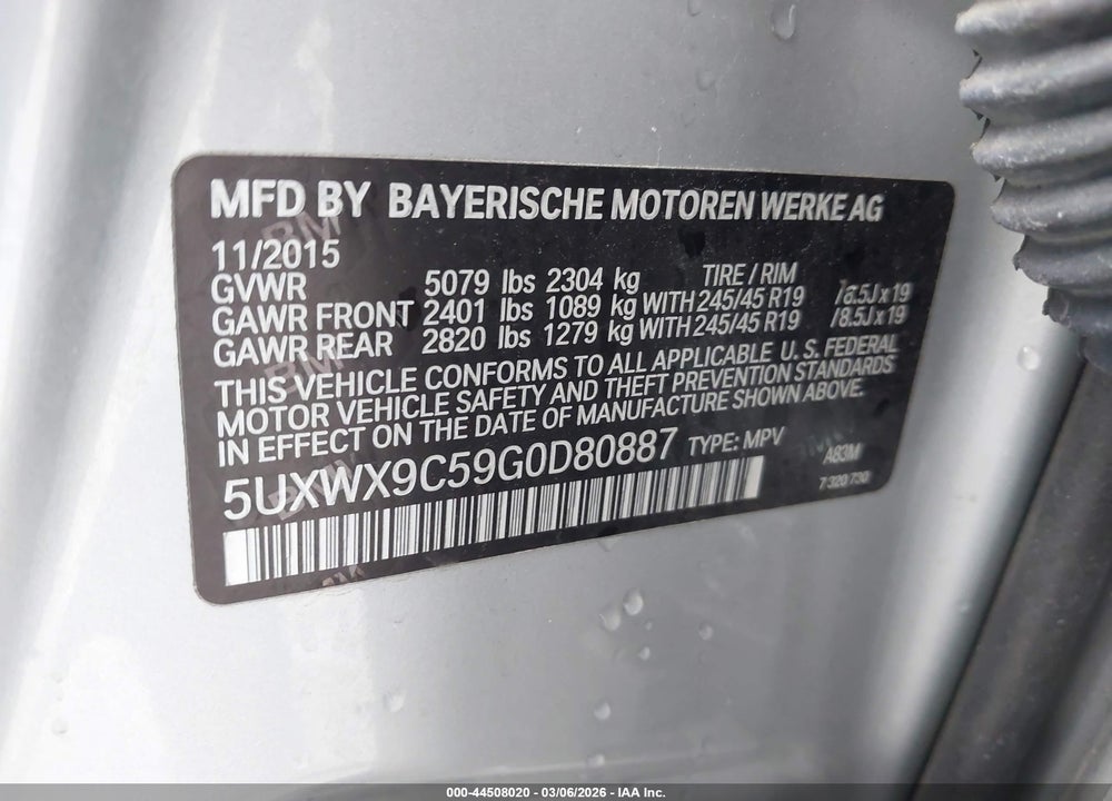 2016 BMW X3 XDRIVE28I VIN: 5UXWX9C59G0D80887