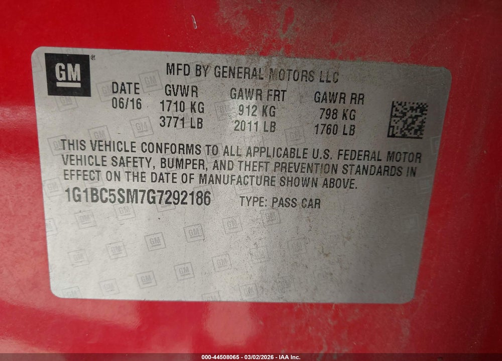 2016 CHEVROLET CRUZE LS AUTO VIN: 1G1BC5SM7G7292186