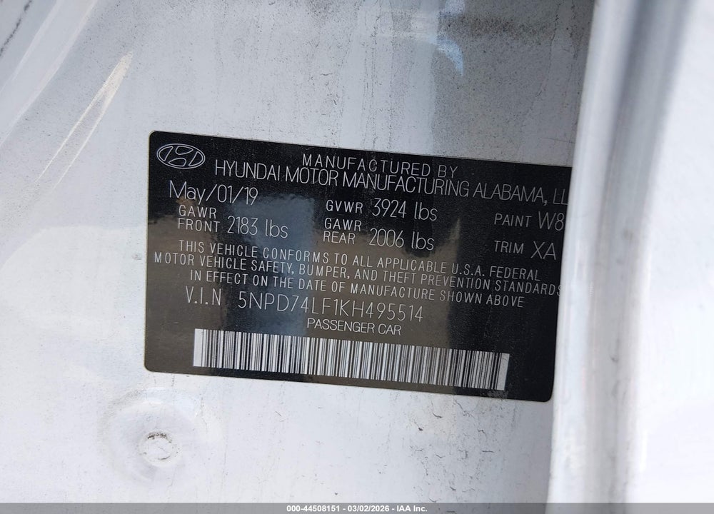 2019 HYUNDAI ELANTRA SE VIN: 5NPD74LF1KH495514