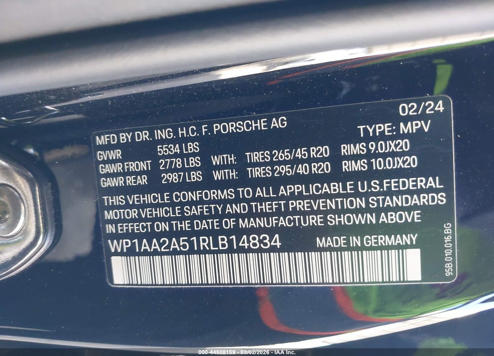 2024 PORSCHE MACAN T VIN: WP1AA2A51RLB14834