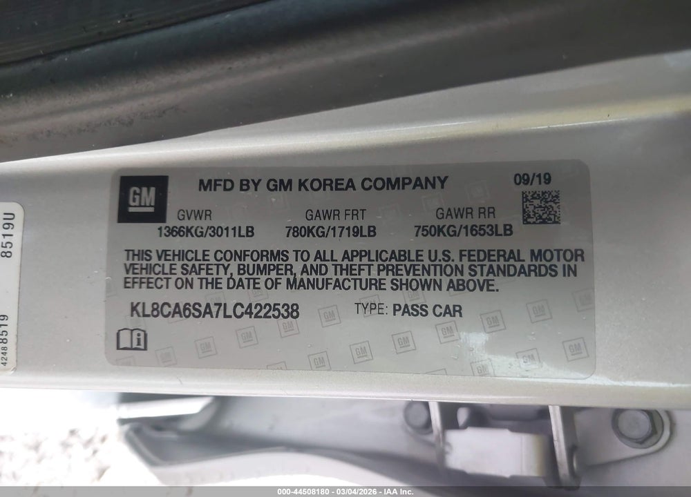 2020 CHEVROLET SPARK FWD LS MANUAL VIN: KL8CA6SA7LC422538