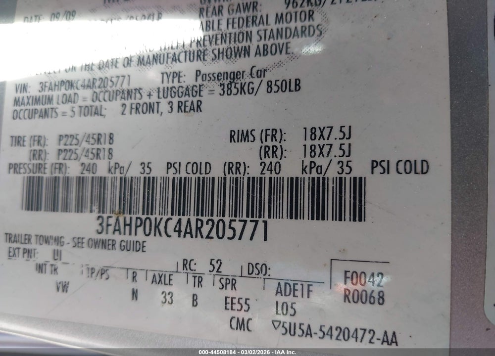2010 FORD FUSION SPORT VIN: 3FAHP0KC4AR205771