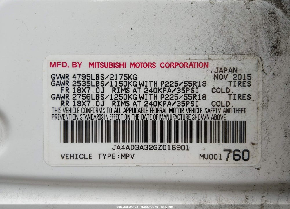2016 MITSUBISHI OUTLANDER SE/SEL VIN: JA4AD3A32GZ016901