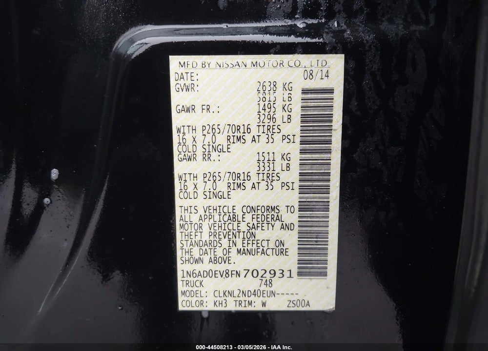 2015 NISSAN FRONTIER PRO-4X/S/SL/SV VIN: 1N6AD0EV8FN702931
