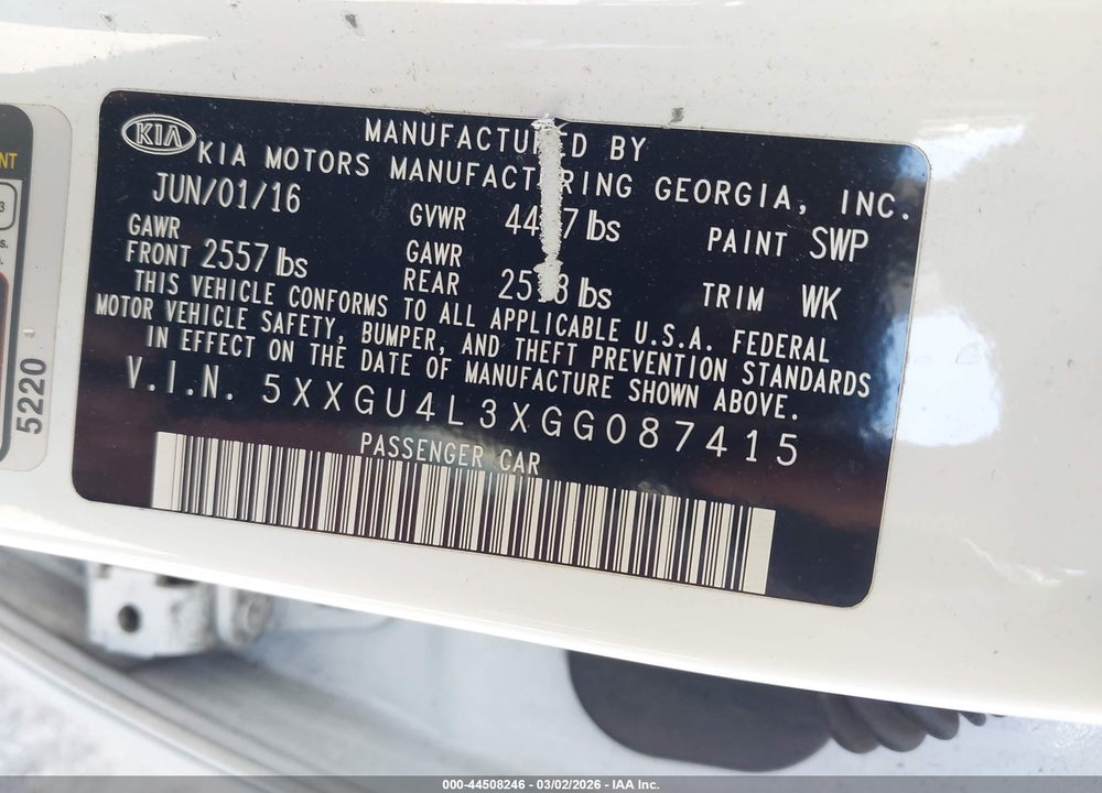 2016 KIA OPTIMA EX VIN: 5XXGU4L3XGG087415
