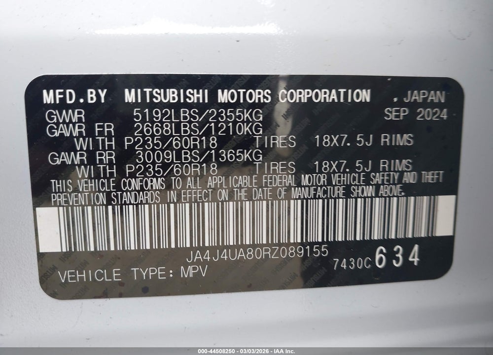 2024 MITSUBISHI OUTLANDER ES 2.5 S-AWC VIN: JA4J4UA80RZ089155