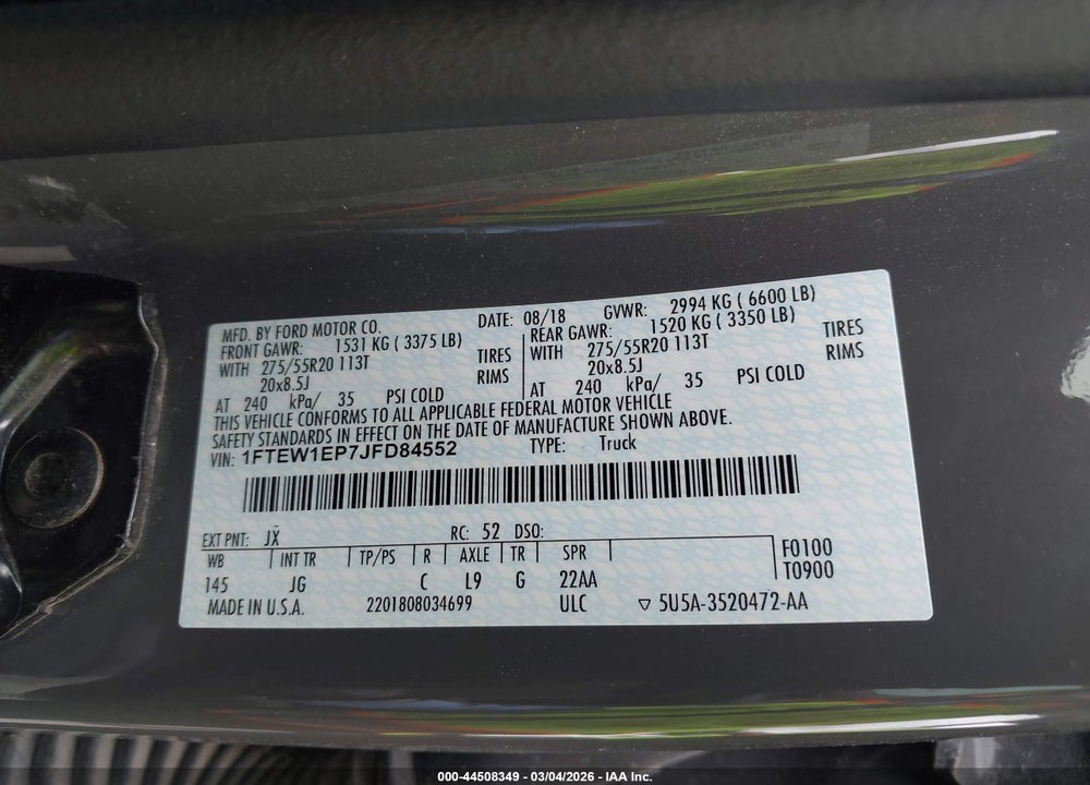 2018 FORD F-150 XL VIN: 1FTEW1EP7JFD84552