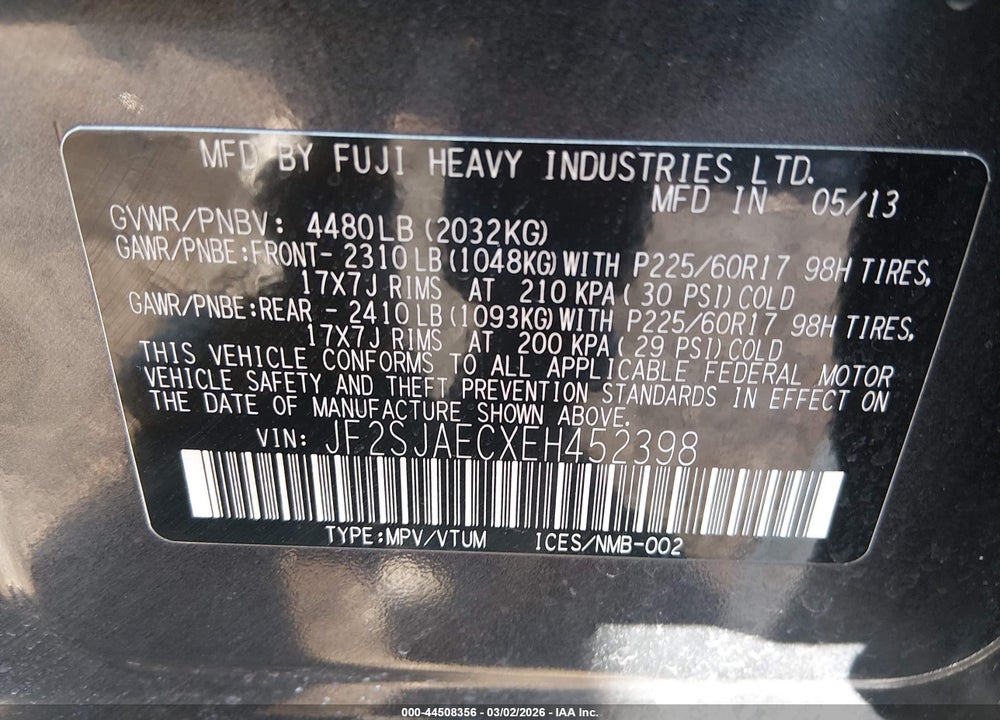 2014 SUBARU FORESTER 2.5I PREMIUM VIN: JF2SJAECXEH452398