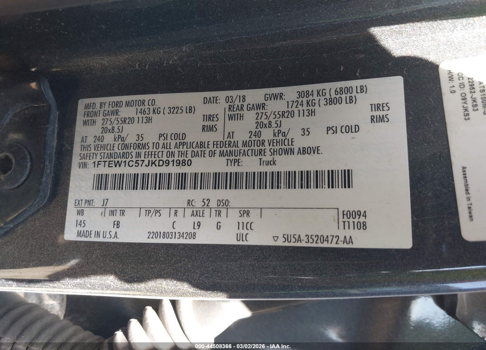 2018 FORD F-150 XLT VIN: 1FTEW1C57JKD91980