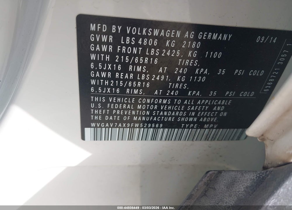 2015 VOLKSWAGEN TIGUAN S VIN: WVGAV7AX9FW529569