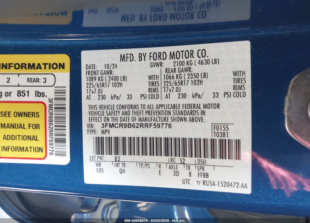 2024 FORD BRONCO SPORT BIG BEND VIN: 3FMCR9B62RRF59776
