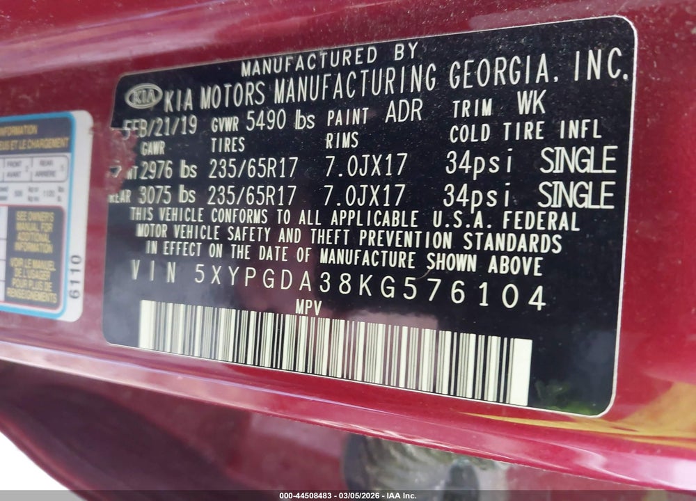 2019 KIA SORENTO 2.4L LX VIN: 5XYPGDA38KG576104