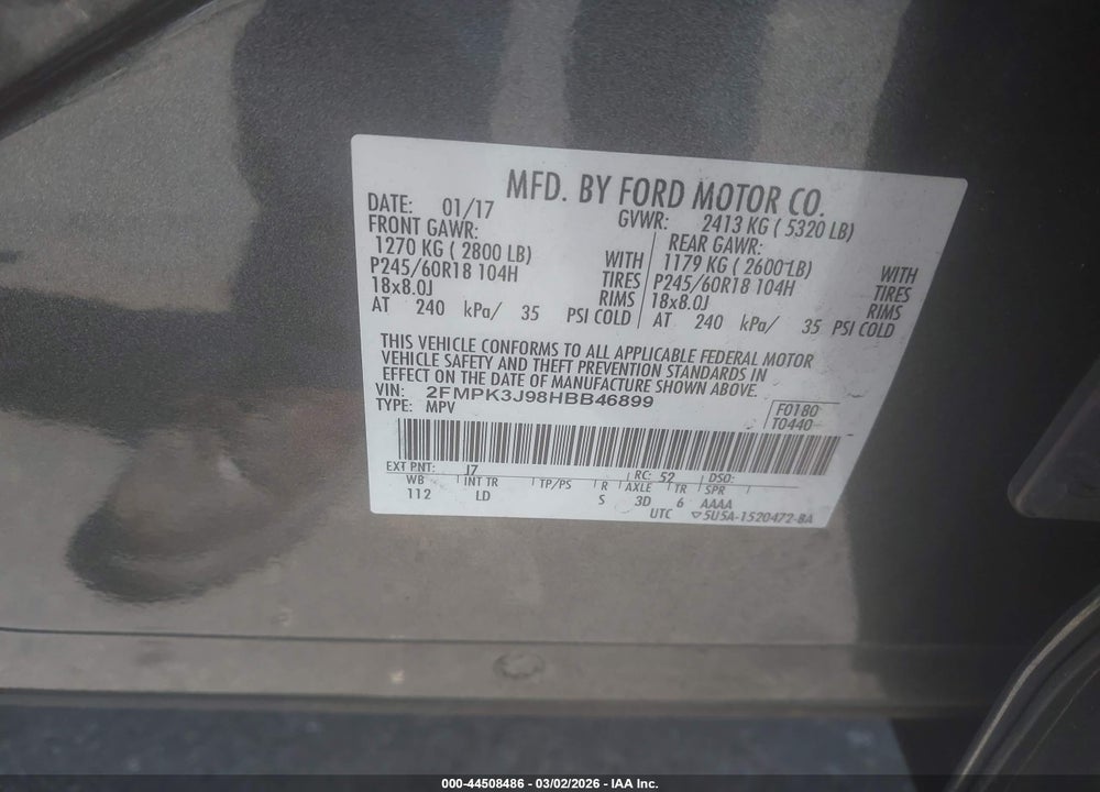 2017 FORD EDGE SEL VIN: 2FMPK3J98HBB46899