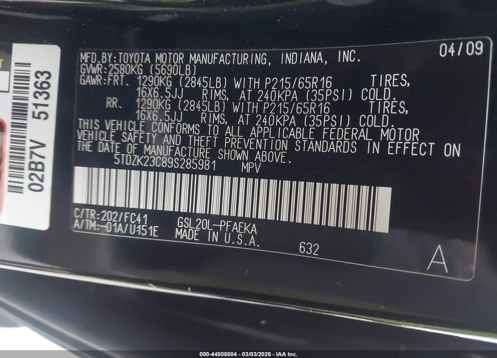 2009 TOYOTA SIENNA LE VIN: 5TDZK23C89S285981
