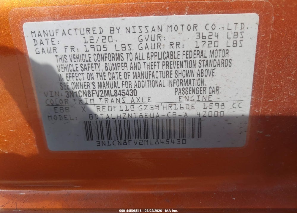 2021 NISSAN VERSA SR XTRONIC CVT VIN: 3N1CN8FV2ML845430