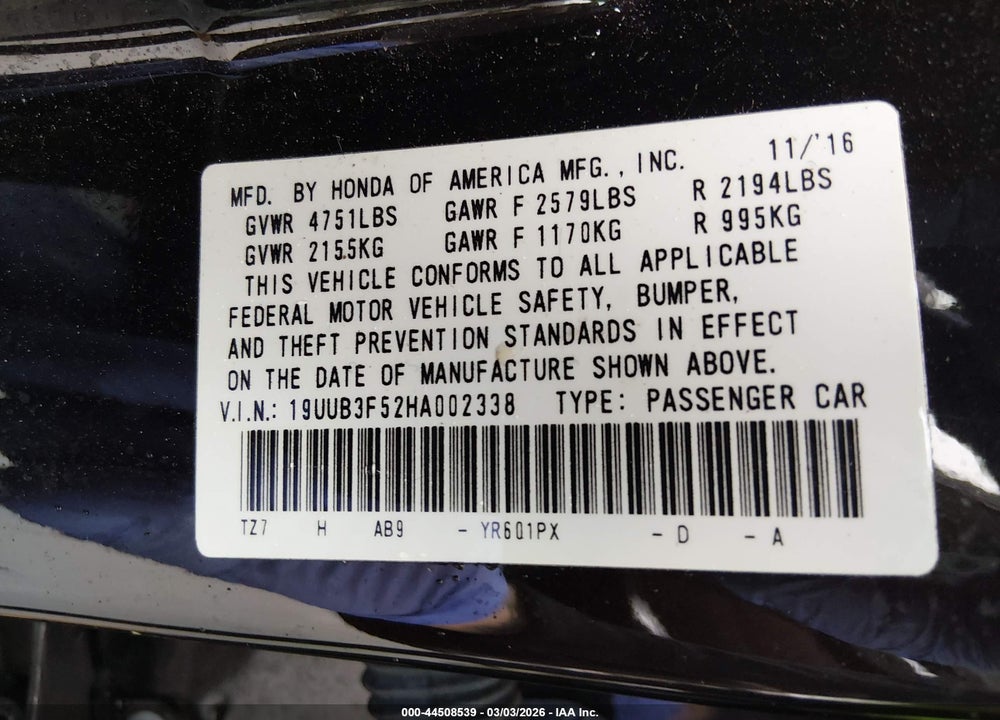 2017 ACURA TLX TECHNOLOGY PACKAGE VIN: 19UUB3F52HA002338
